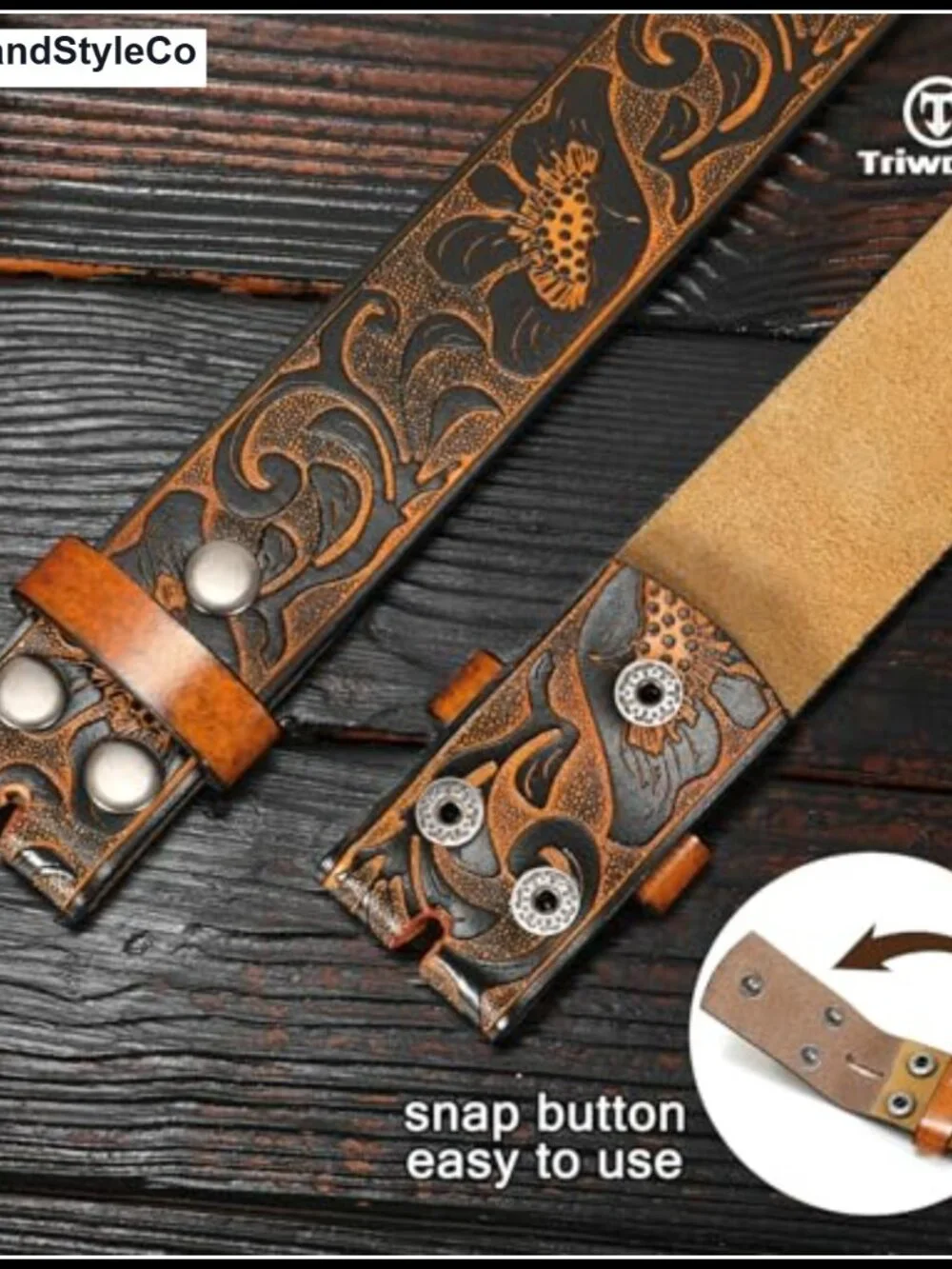 Western Leather Belt Strap Without Buckle - Men's Cowboy Belt with Snap Button